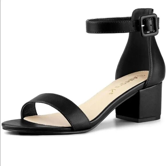 Allegra K Black Faux Leather Open Toe Ankle Strap Block Heels 7.5 - Picture 1 of 13